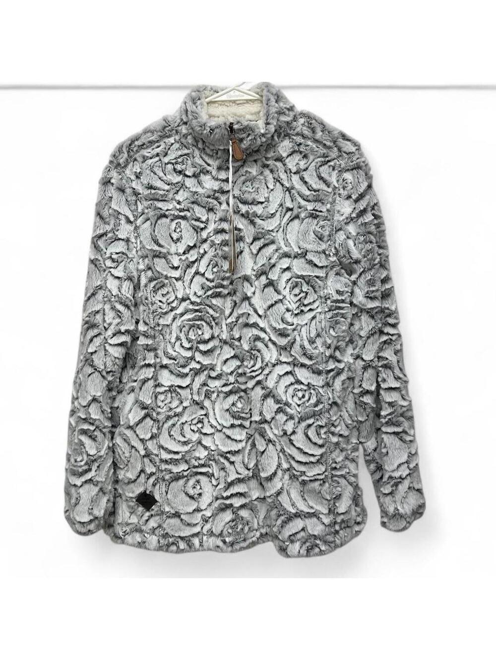 Simply Southern gray rose patterned faux fur quarter zip jacket